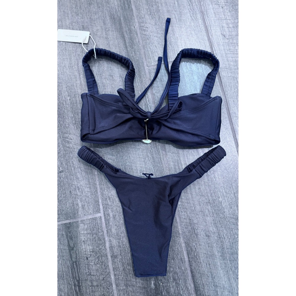 SEAMOLLY DECORATIVE METAL RING ELASTIC STRAPS RUCHED HIGH LEG BIKINI SET BLUE S - Picture 5 of 6
